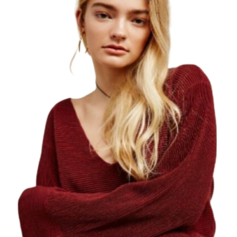 FREE People Starman Ribbed Burgundy Wool Blend Top Bell Flared Sleeves Small - Picture 3 of 10